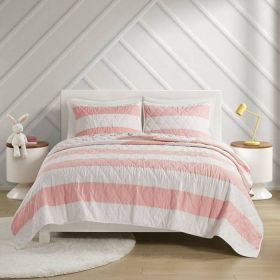 Full/Queen 3 Piece Pink White Stripe Reversible Rainbows Cotton Quilt Set