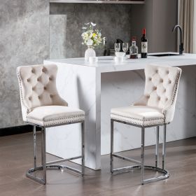 26" Counter Height Bar Stools Set of 2, Modern Velvet Barstools with Button Back&Rivet Trim Upholstered Kitchen Island Chairs with Sturdy Chromed Meta