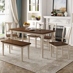 Classic 6-Piece Dining Set Wooden Table and 4 Chairs with Bench for Kitchen Dining Room