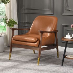 29.2'' Mid-Century Faux Leather Accent Chair with Cushioned Seat, Solid Wood Frame, and Brass-Tipped Legs â€“ Perfect for Living Room, Bedroom