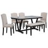 Modern Style 6-piece Dining Table with 4 Chairs & 1 Bench, Table with Marbled Veneers Tabletop and V-shaped Table Legs (White)