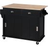 Kitchen Cart with Rubber wood Drop-Leaf Countertop, Concealed sliding barn door adjustable height,Kitchen Island on 4 Wheels with Storage Cabinet and