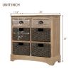 TREXM Rustic Storage Cabinet with Two Drawers and Four Classic Rattan Basket for Dining Room/Living Room (White Washed)