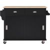 Kitchen Cart with Rubber wood Drop-Leaf Countertop, Concealed sliding barn door adjustable height,Kitchen Island on 4 Wheels with Storage Cabinet and