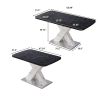 Modern Square Dining Table,Stretchable,Printed Black Marble Table Top+MDF White X-Shape Table Leg with Metal Base