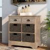 TREXM Rustic Storage Cabinet with Two Drawers and Four Classic Rattan Basket for Dining Room/Living Room (White Washed)