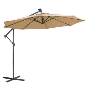 10 FT Solar LED Patio Outdoor Umbrella Hanging Cantilever Umbrella Offset Umbrella Easy Open Adustment with 32 LED Lights (Color: taupe)