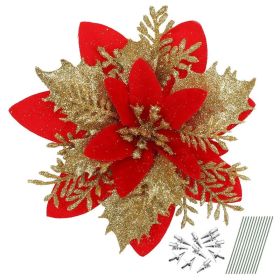 12pcs Christmas Glitter Artificial Poinsettia Flowers Christmas Tree Flowers Hanging Ornaments Party Decoration With Stems Clips (Colors: Red)