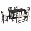 6-Piece Counter Height Dining Table Set Table with Shelf 4 Chairs and Bench for Dining Room